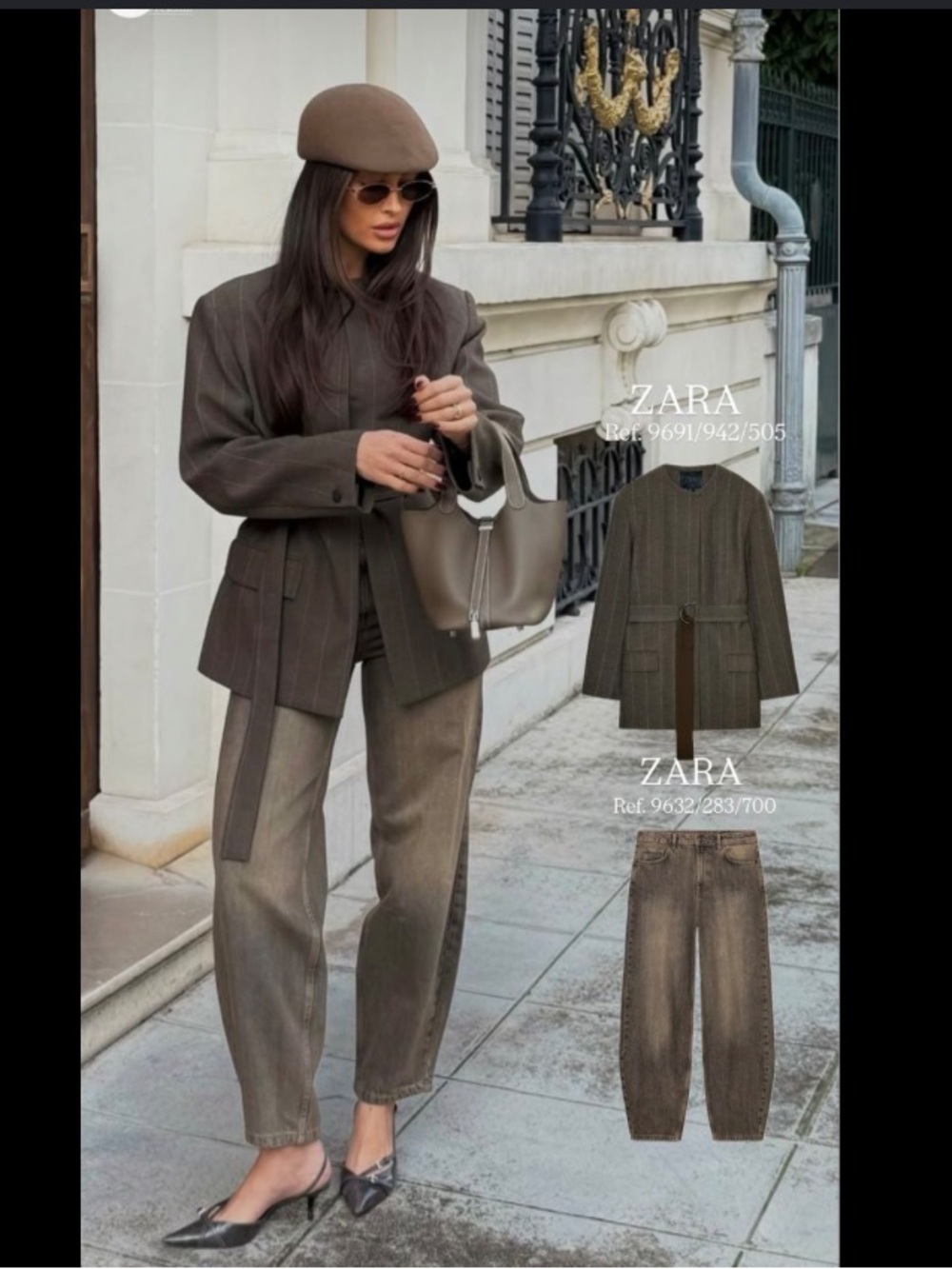 Zara Brown Pinstripe Belted Blazer Jacket